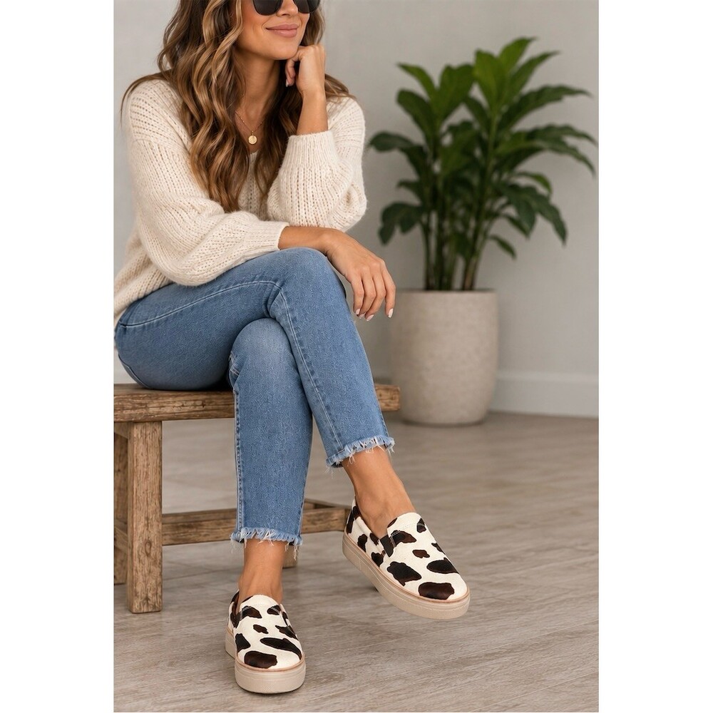 Lucchese After-Ride Slip-On Sneakers Womens 10M Ivory Cow Print Casual